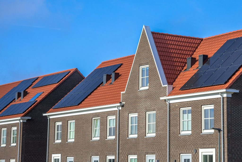 Close up of Modern row houses with solar panels